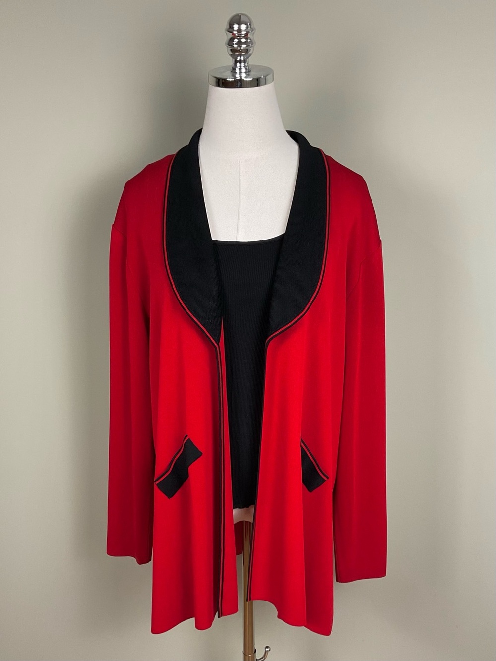Exclusively Misook Red Black Knit Cardigan Open Front Jacket Sz XL Career